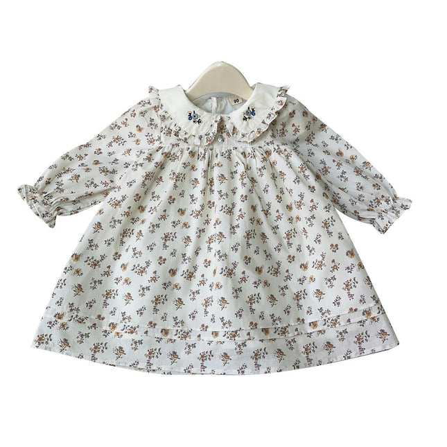 Girls Long Sleeve Shirt Dress-Spring and Autumn Embroidered Lapel Floral Dress