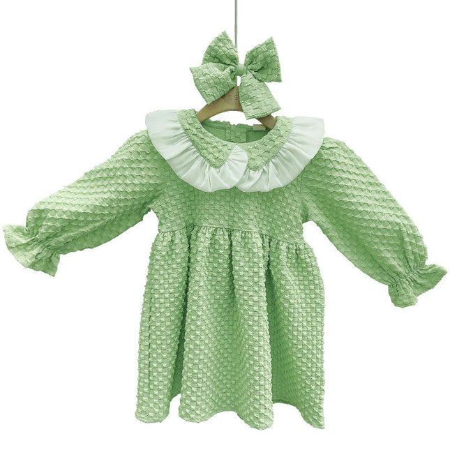 Girls Doll Collar Cute Dress-Pure Color Long Sleeve Lace Dress with Bow