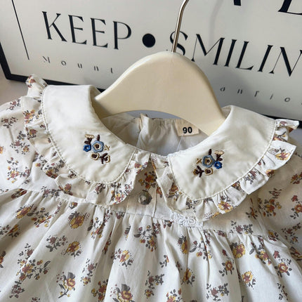 Girls Long Sleeve Shirt Dress-Spring and Autumn Embroidered Lapel Floral Dress