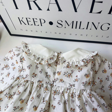 Girls Long Sleeve Shirt Dress-Spring and Autumn Embroidered Lapel Floral Dress