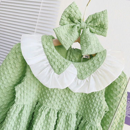 Girls Doll Collar Cute Dress-Pure Color Long Sleeve Lace Dress with Bow