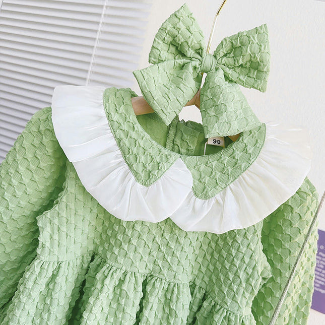 Girls Doll Collar Cute Dress-Pure Color Long Sleeve Lace Dress with Bow