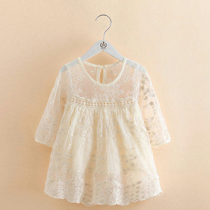 Girls Lace Embroidery Round Neck Dress Mid Sleeve Sweet Party Princess Dress