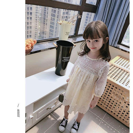 Girls Lace Embroidery Round Neck Dress Mid Sleeve Sweet Party Princess Dress