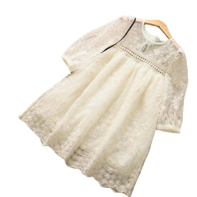 Girls Lace Embroidery Round Neck Dress Mid Sleeve Sweet Party Princess Dress