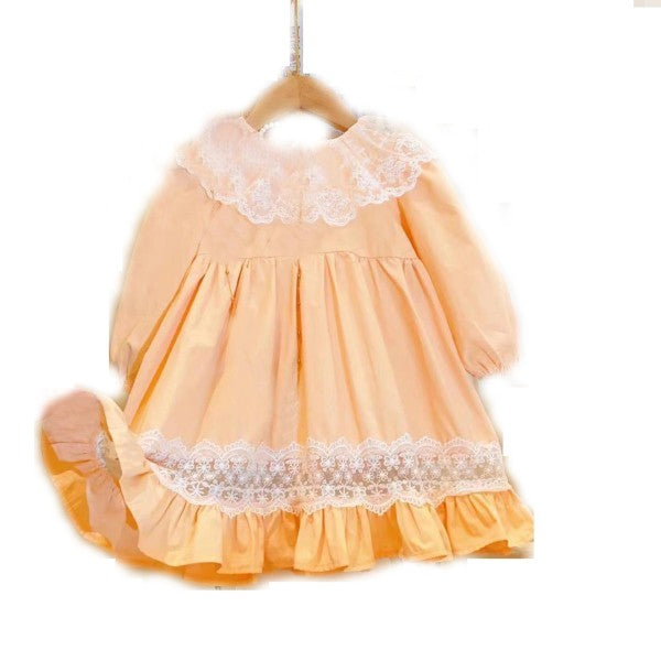 Girls Lace Collar Lantern Sleeve Pleated Temperament Solid Color Princess Dress
