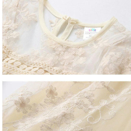 Girls Lace Embroidery Round Neck Dress Mid Sleeve Sweet Party Princess Dress