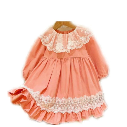 Girls Lace Collar Lantern Sleeve Pleated Temperament Solid Color Princess Dress