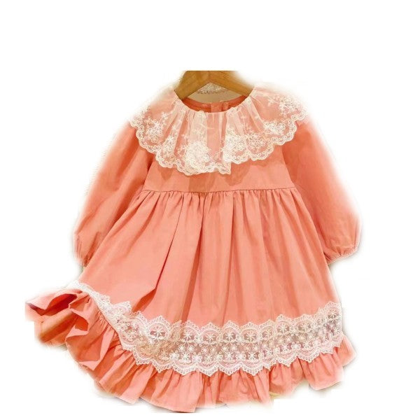 Girls Lace Collar Lantern Sleeve Pleated Temperament Solid Color Princess Dress