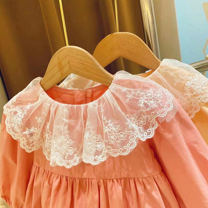 Girls Lace Collar Lantern Sleeve Pleated Temperament Solid Color Princess Dress