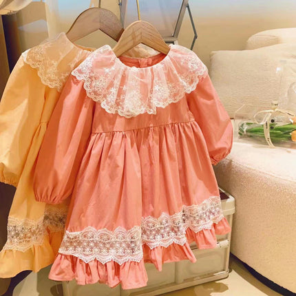 Girls Lace Collar Lantern Sleeve Pleated Temperament Solid Color Princess Dress