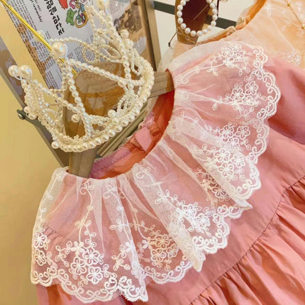 Girls Lace Collar Lantern Sleeve Pleated Temperament Solid Color Princess Dress