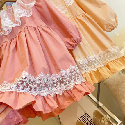 Girls Lace Collar Lantern Sleeve Pleated Temperament Solid Color Princess Dress
