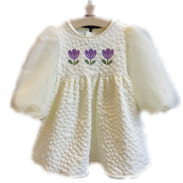 Girls Baby Dress-Spring and Autumn Korean Style Puff Sleeve Embroidered Flower Dress