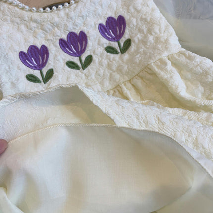 Girls Baby Dress-Spring and Autumn Korean Style Puff Sleeve Embroidered Flower Dress
