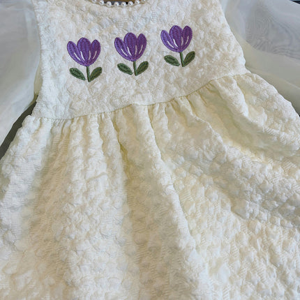 Girls Baby Dress-Spring and Autumn Korean Style Puff Sleeve Embroidered Flower Dress
