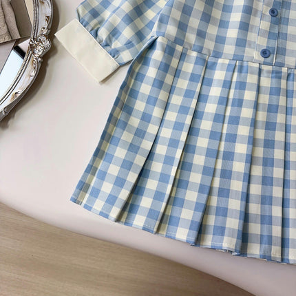 Girls Plaid Dress Spring and Autumn Style Doll Collar Princess Long Sleeve Pleated Dress