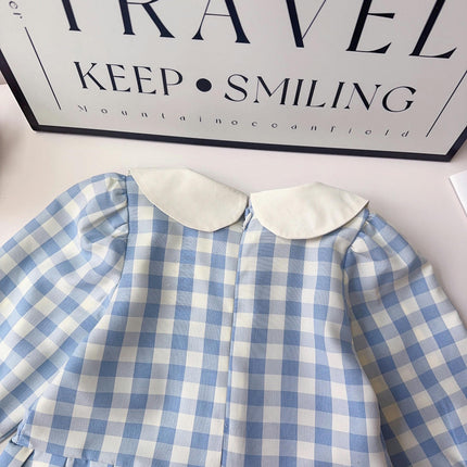 Girls Plaid Dress Spring and Autumn Style Doll Collar Princess Long Sleeve Pleated Dress