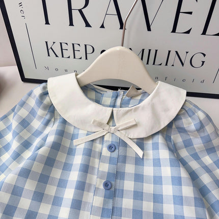 Girls Plaid Dress Spring and Autumn Style Doll Collar Princess Long Sleeve Pleated Dress