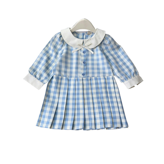 Girls Plaid Dress Spring and Autumn Style Doll Collar Princess Long Sleeve Pleated Dress