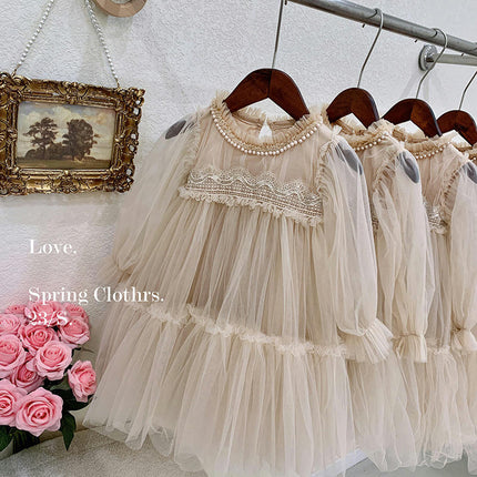 Girls Mesh Dress-Autumn Style Fashionable Lace Splicing Mesh Puffy Princess Dress