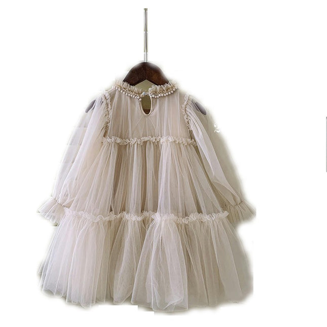 Girls Mesh Dress-Autumn Style Fashionable Lace Splicing Mesh Puffy Princess Dress