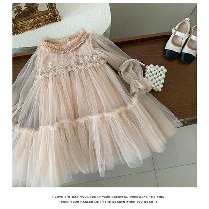 Girls Mesh Dress-Autumn Style Fashionable Lace Splicing Mesh Puffy Princess Dress