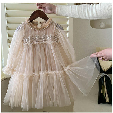 Girls Mesh Dress-Autumn Style Fashionable Lace Splicing Mesh Puffy Princess Dress