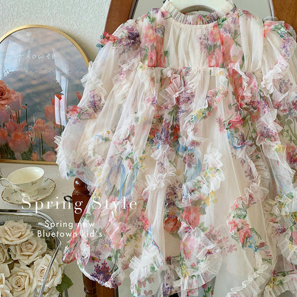Girls Spring Dress Fashionable Puff Sleeve Three-Dimensional Flower Fairy Princess Dress