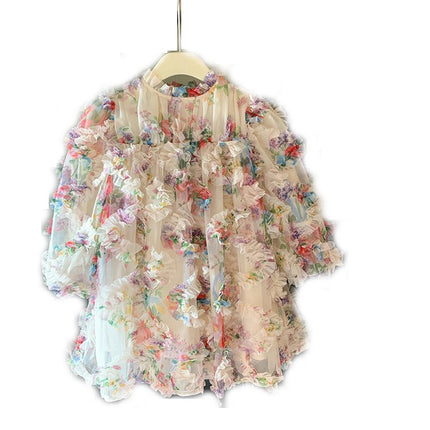 Girls Spring Dress Fashionable Puff Sleeve Three-Dimensional Flower Fairy Princess Dress
