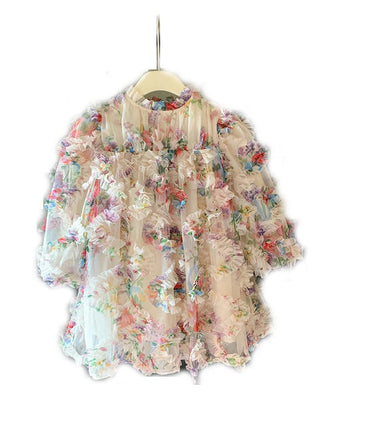 Girls Spring Dress Fashionable Puff Sleeve Three-Dimensional Flower Fairy Princess Dress