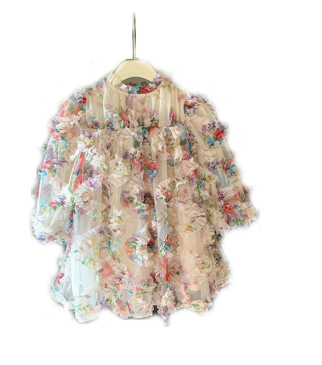 Girls Spring Dress Fashionable Puff Sleeve Three-Dimensional Flower Fairy Princess Dress