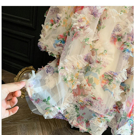 Girls Spring Dress Fashionable Puff Sleeve Three-Dimensional Flower Fairy Princess Dress