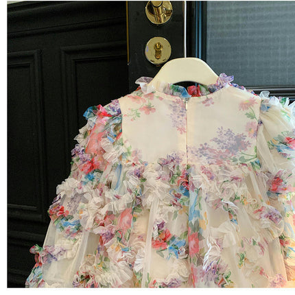 Girls Spring Dress Fashionable Puff Sleeve Three-Dimensional Flower Fairy Princess Dress