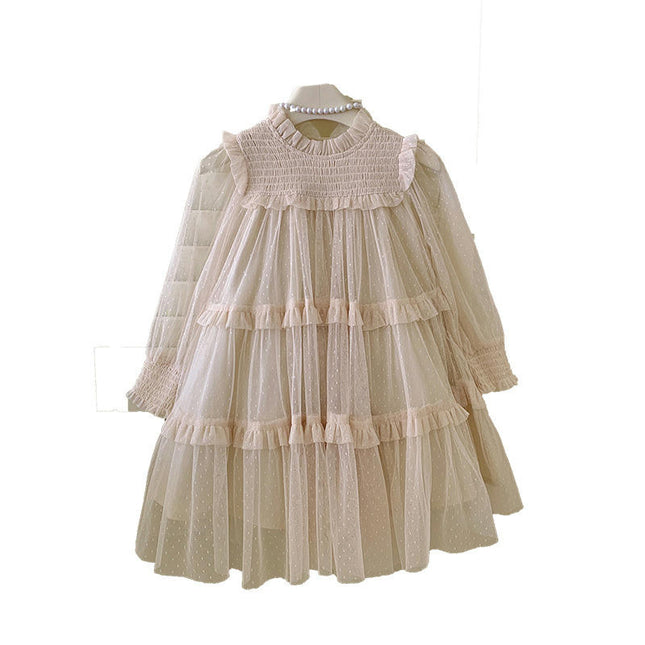 Girls Mesh Dress-Spring Fashion Lace Splicing Mesh Puffy Princess Dress