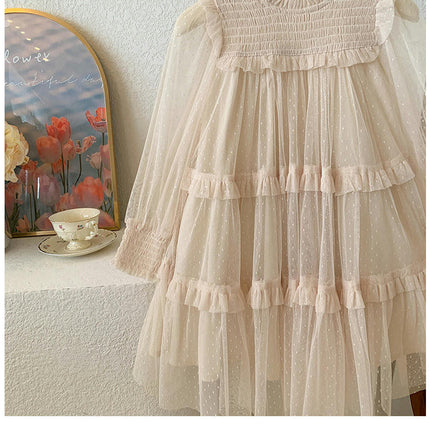Girls Mesh Dress-Spring Fashion Lace Splicing Mesh Puffy Princess Dress
