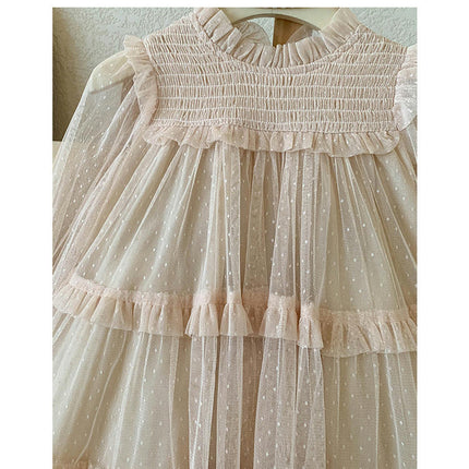 Girls Mesh Dress-Spring Fashion Lace Splicing Mesh Puffy Princess Dress