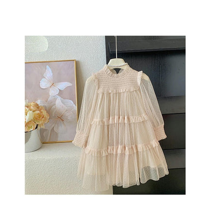 Girls Mesh Dress-Spring Fashion Lace Splicing Mesh Puffy Princess Dress