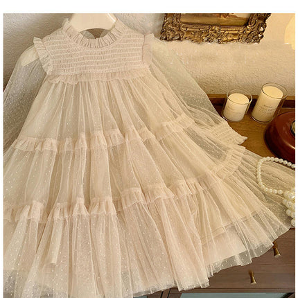 Girls Mesh Dress-Spring Fashion Lace Splicing Mesh Puffy Princess Dress