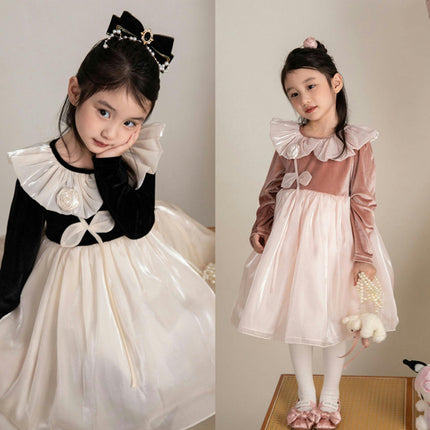 Girls Autumn Dress Elegant Chanel Style Three-dimensional Flower Princess Dress