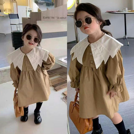 Girls Dress-Spring Casual Loose Large Lapel Long Sleeve Princess Dress