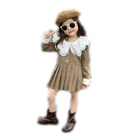 Girls Temperament Dress Autumn Style Sweet Lace Collar Long Sleeve Pleated Skirt