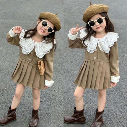 Girls Temperament Dress Autumn Style Sweet Lace Collar Long Sleeve Pleated Skirt