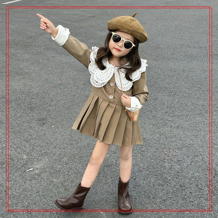 Girls Temperament Dress Autumn Style Sweet Lace Collar Long Sleeve Pleated Skirt