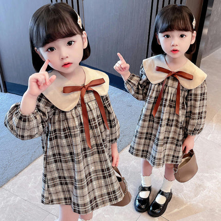 Girls Baby Collar Plaid Dress Spring Long Sleeves Little Girl Princess Dress