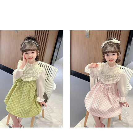Girls Lace Pearl Dress Spring and Autumn Baby Girls Long Sleeve Fashion Princess Dress