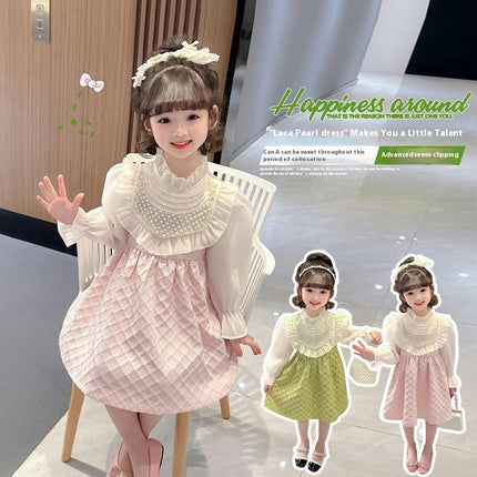 Girls Lace Pearl Dress Spring and Autumn Baby Girls Long Sleeve Fashion Princess Dress