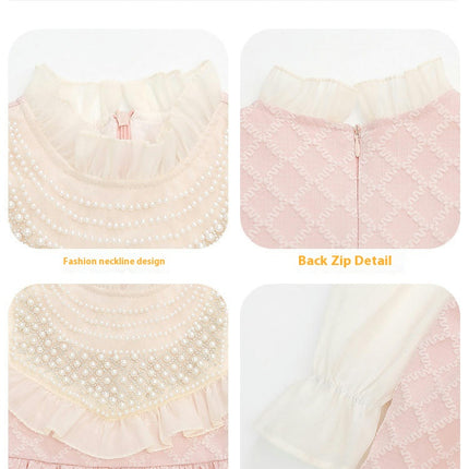 Girls Lace Pearl Dress Spring and Autumn Baby Girls Long Sleeve Fashion Princess Dress