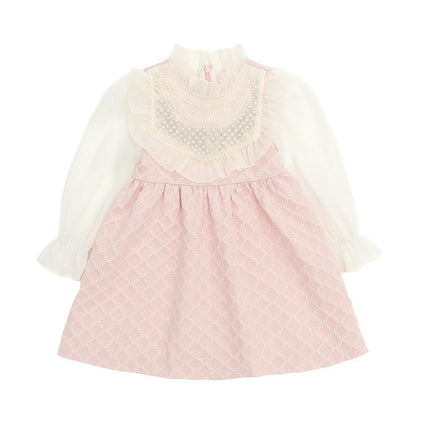 Girls Lace Pearl Dress Spring and Autumn Baby Girls Long Sleeve Fashion Princess Dress