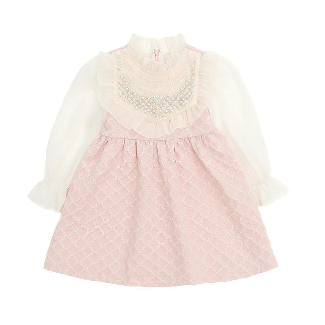 Girls Lace Pearl Dress Spring and Autumn Baby Girls Long Sleeve Fashion Princess Dress